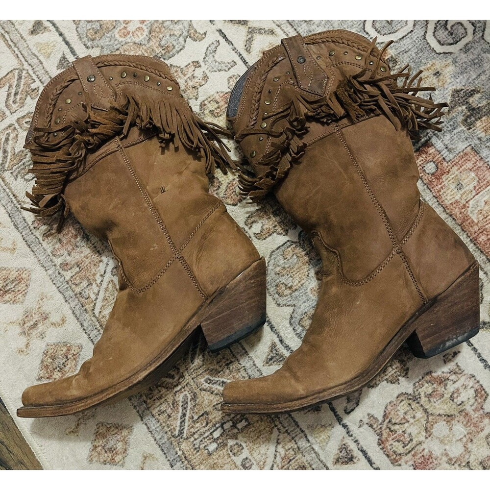 Botas Caborca Fringe Studded Calf Boots Western Leather Made in Mexico